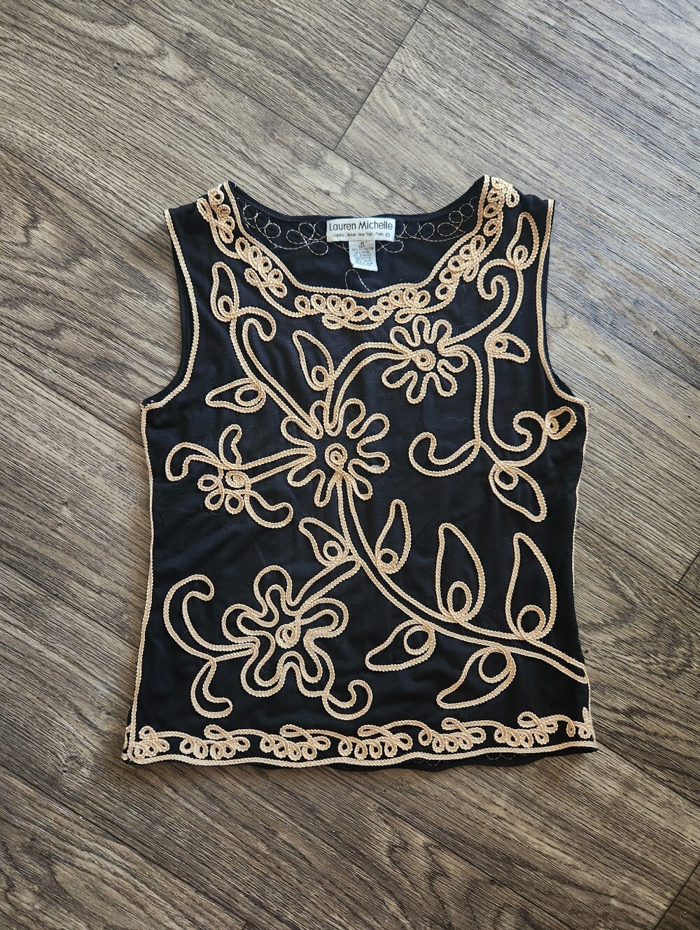 Vintage Lauren Michelle Embroidered Tank Top Black &  Tan Floral 90s